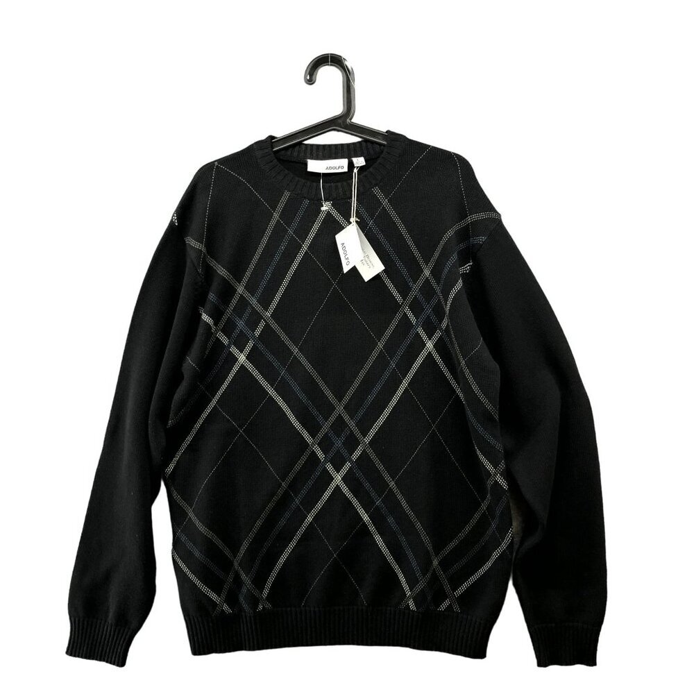 NWT Adolfo Sweater Mens L Black Cotton Crewneck Knit Pullover Diamond‎ Print